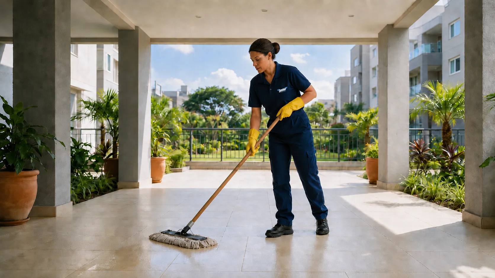 Colaboradora Jumper realizando limpeza em condomínio