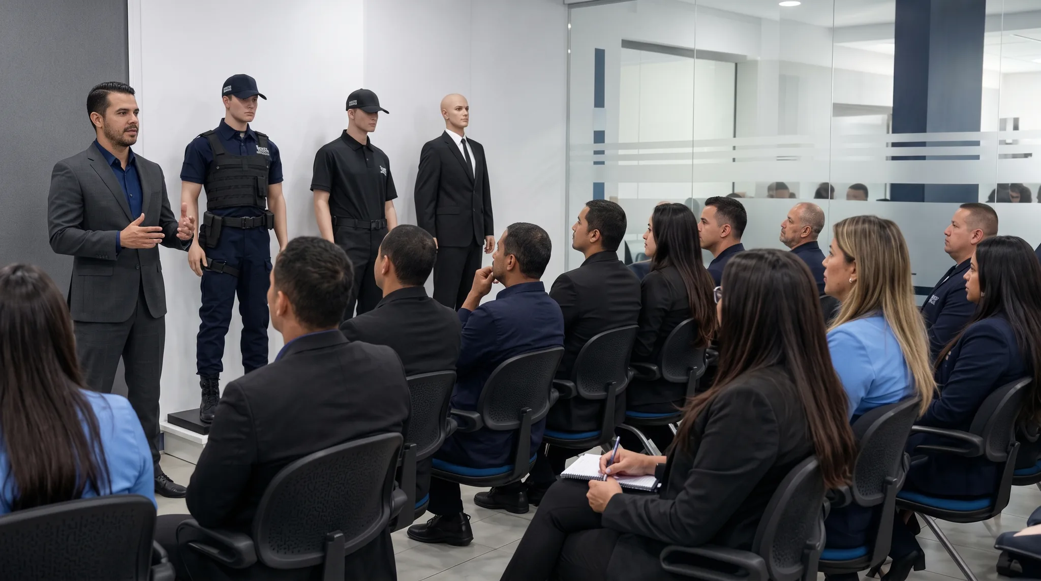 Diretor da Jumper apresentando uniformes e equipamentos de segurança para equipe em treinamento sobre o Programa de Integridade